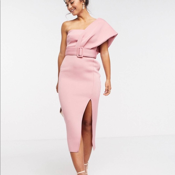 one shoulder belted midi dress